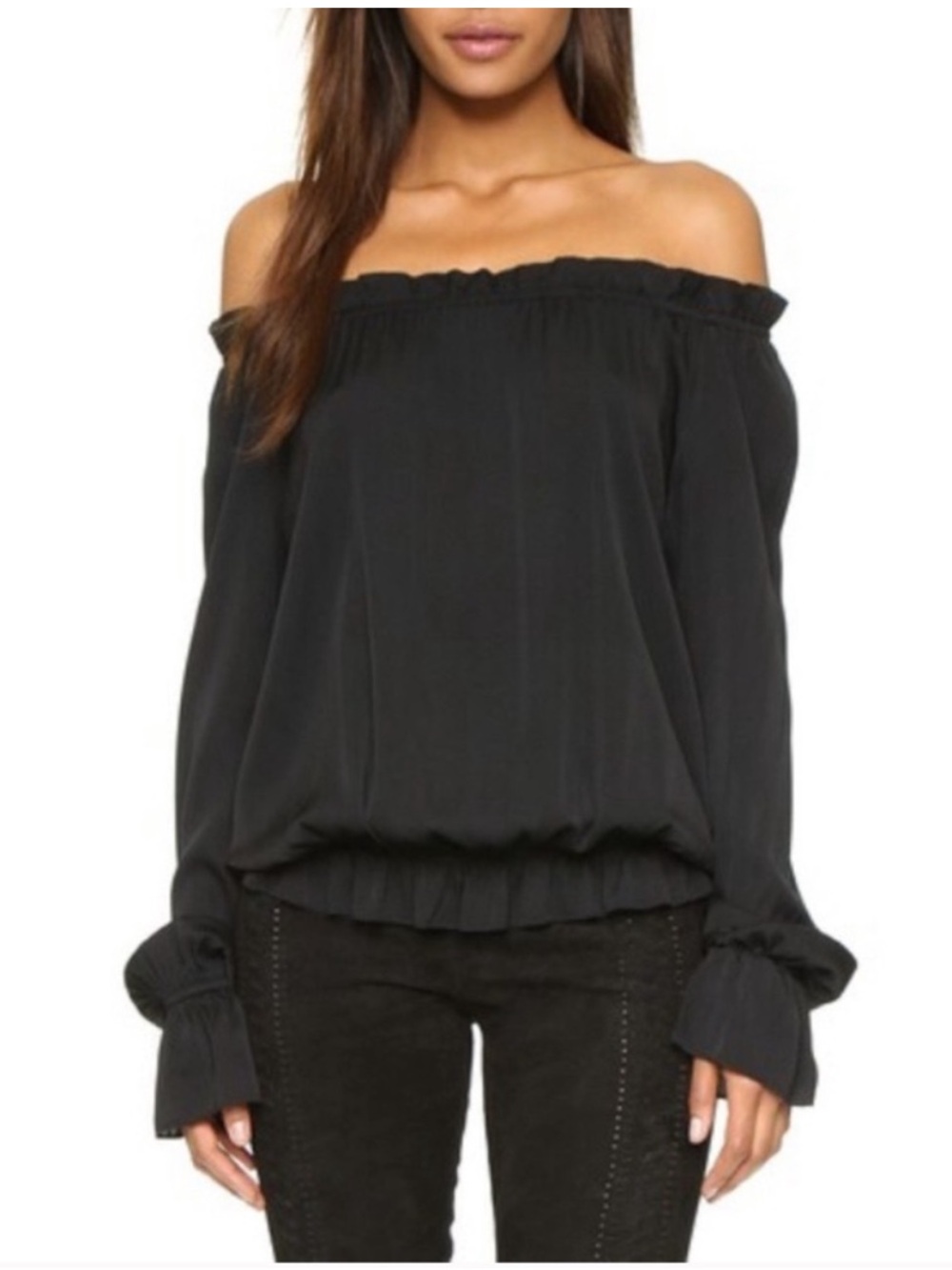 Emerson Thorpe Faye Off the Shoulder Blouse Black Size Small Silk Long Sleeve